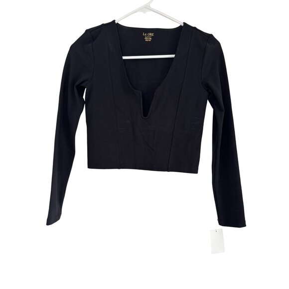 Le Ore Veneto Deep V Neck Long Sleeve Top in Black XSmall New Womens Crop - Picture 5 of 12